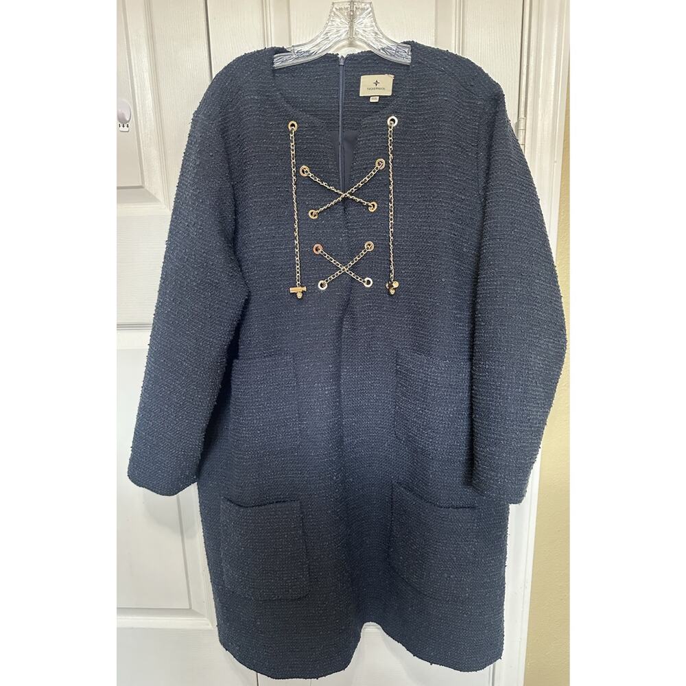 Tuckernuck Navy Tweed Kelly Notched Neckline Mini Gold Chain TieAccent Dress 3XL